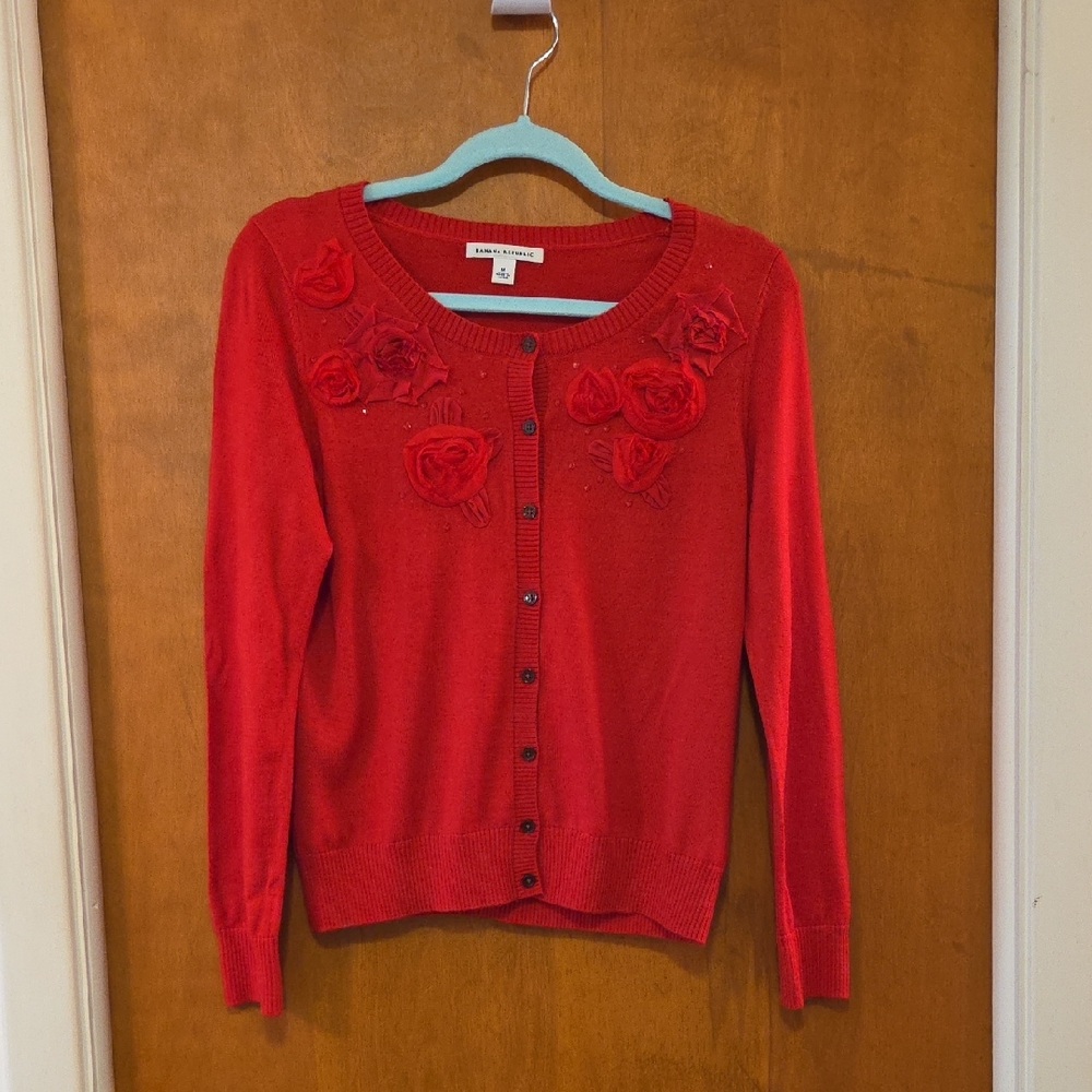 Banana Republic Red Floral Appliqué Button-Front Cardigan M